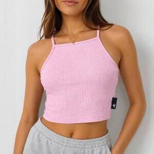 Adidas Ribbed Crop Tank Top Pink Slim Fit Stretch Women Size M NWT